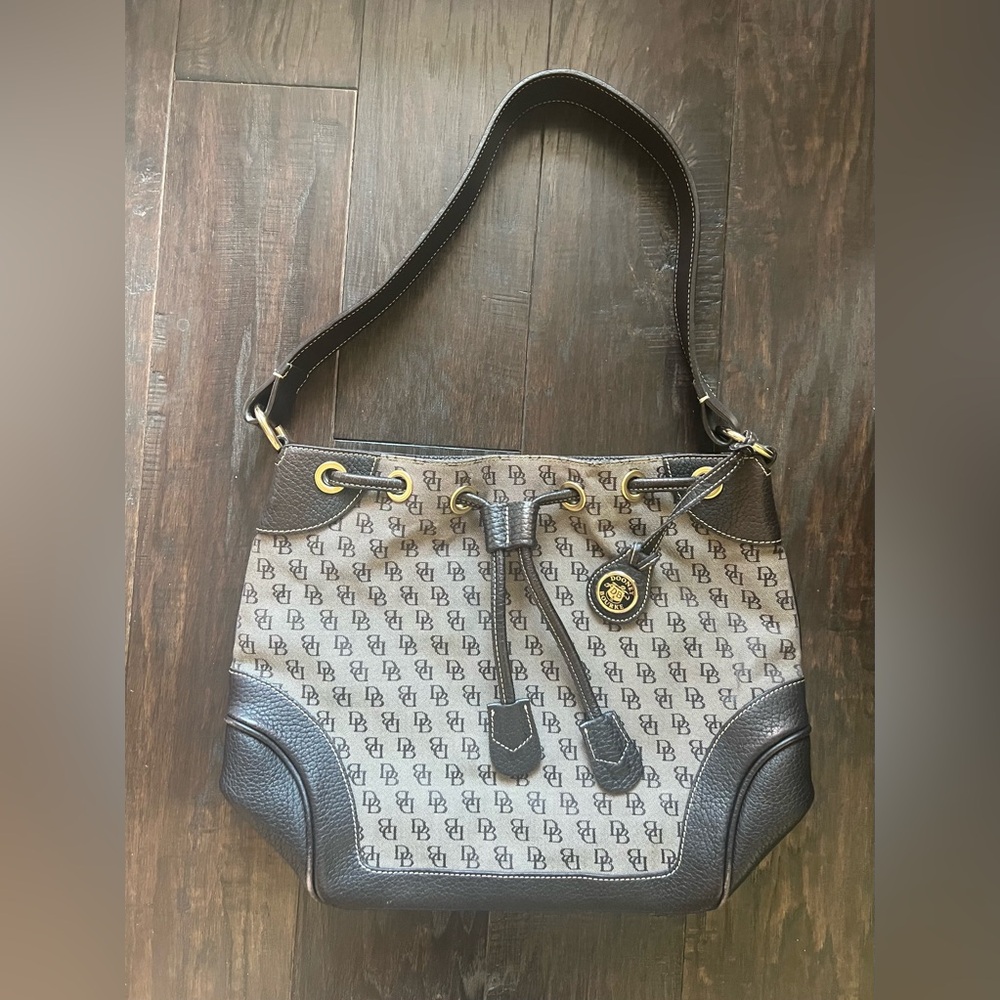 Vintage Dooney & Bourke Monogram Drawstring Bucket Bag Brown
